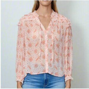 Paige Margret Paisley Frill Silk Georgette Shirt Medium Long Sleeve Sherbert
